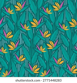 Hand drawn vector seamless tropical pattern with bird of paradise flowers and leaves, vibrant exotic background in botanical style on a turquoise background