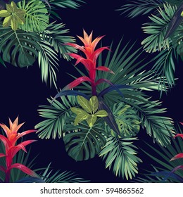 Hand drawn vector seamless tropical floral pattern with guzmania flowers, monstera and royal palm leaves. Exotic hawaiian fabric design.