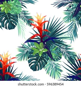 Padrão floral tropical sem costura vetorial desenhado à mão com flores de guzmania, monstera e folhas de palmeira real. Design de tecido havaiano exótico.