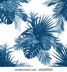 Hand drawn vector seamless tropical floral pattern with guzmania flowers, monstera and royal palm leaves. Exotic hawaiian fabric design.