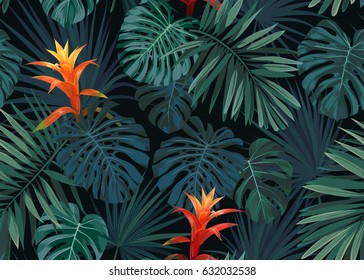 Hand Drawn Vector Seamless Tropical Floral Pattern With Guzmania Flowers, Monstera And Royal Palm Leaves. Exotic Hawaiian Fabric Design.