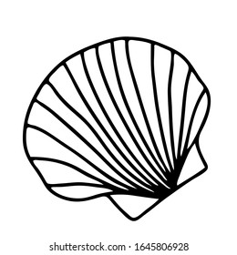 Hand drawn vector seashell. Digital illustration cute doodle black outline freehand single shell. Print for stickers, wrapping paper, baby fabrics, cards, banners, web design. abstract retro design 