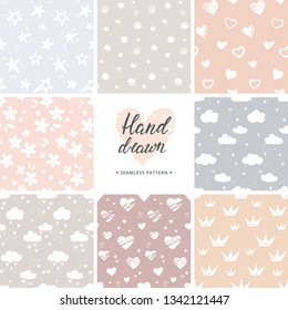 Hand drawn vector set of 8 background seamless patterns in various colors. Good for children room, birthday, notes, greeting cards, gift wrapping, surface textures.