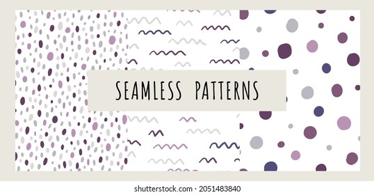 Conjunto de vector dibujado a mano. Resumen de patrones geométricos en color púrpura. Textura de moda para impresión, textil, envasado. Patrón sin costuras de puntos Polka. Colección de antecedentes.