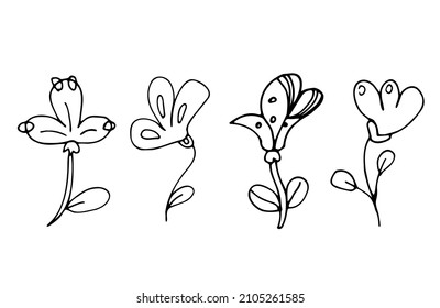 Hand drawn vector set of abstract line flowers. Black and white flowers