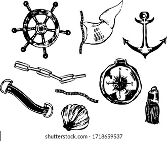 Hand drawn vector set with anchors, compass, chains, rope, seashells. Perfect for making pattern, frame, border in nautical style.