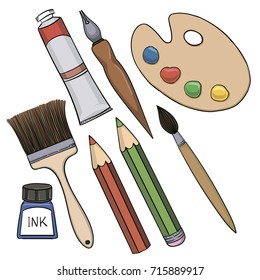 Hand drawn vector set of artistic tools isolated on white background
