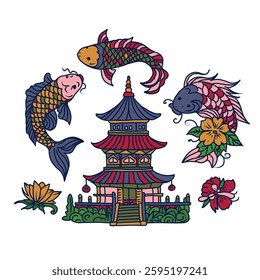 Hand drawn vector set of Asian cultural symbols, asian pagoda, koi fish, lotus.