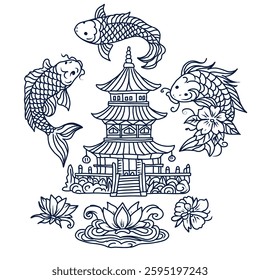 Hand drawn vector set of Asian cultural symbols, asian pagoda, koi fish, lotus.