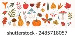 Hand drawn vector set autumn elements. Fall leaves, mushrooms, maple, acorns, berries, oak, pumpkins. Harvest time. Colored trendy illustration. Autumn floral stickers. 