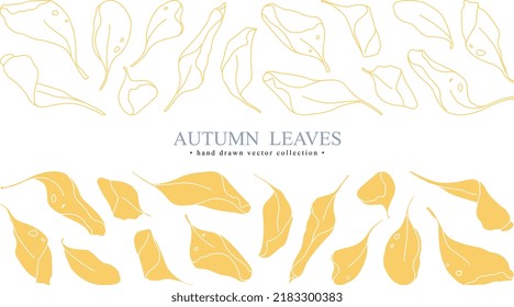 Juego de vectores dibujado a mano de hojas amarillas de línea de otoño aisladas en fondo blanco.
