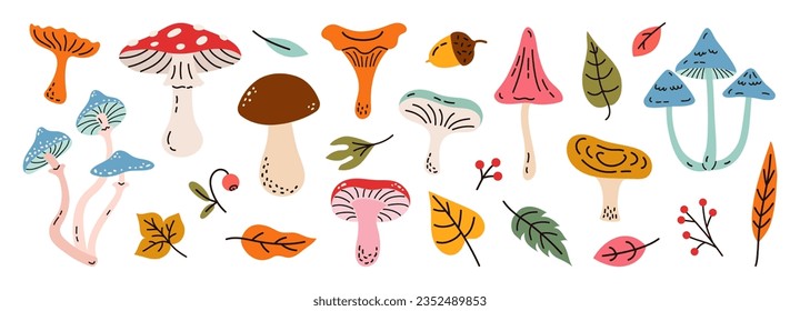 Hand drawn vector set autumn elements. Fall leaves, mushrooms, maple, acorns, berries, oak, rowan. Colored trendy illustration. Autumn floral stickers. Flat design. 
