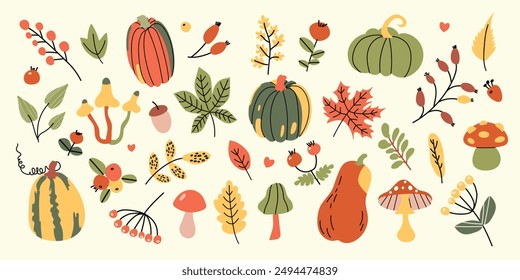 Conjunto de Vector dibujado a mano Elementos de otoño. Conjunto de coloridas hojas de otoño, calabazas, hongos y bayas. Aislado sobre fondo blanco. Estilo plano simple de la historieta. Ilustración vectorial.