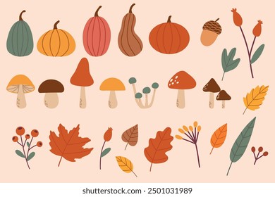 Handgezeichnete Vektorgrafik mit Herbstelementen. Herbstblätter, Pilze, Ahorn, Eicheln, Beeren, Eiche, Kürbisse. Erntezeit. Farbige trendige Illustration. Blumensticker vom Herbst. EPS10