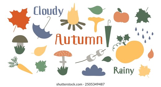 Hand drawn vector set autumn elements. Fall leaves, mushrooms, maple, acorns, berries, oak, pumpkins. Harvest time. Colored trendy illustration on white background. Autumn floral stickers for print