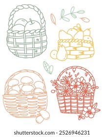 Hand drawn vector set with autumn basket with fruits and mushrooms