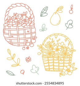 Hand drawn vector set with autumn basket with berries and flowers