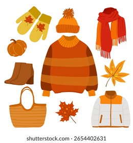 Hand drawn vector set autumn fashion elements. Fall autumn jacket, scarf, pumpkins, leaves, hoodie, bag. Colorful elements autumn illustration.