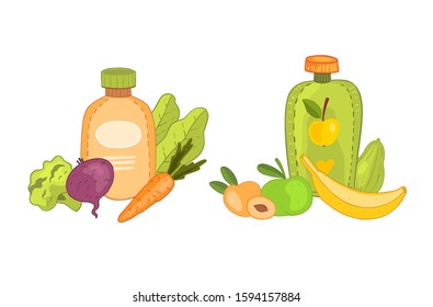 Hand drawn vector set of baby food objects. Kid’s fruit and vegetables puree in cartoon style isolated on white. Design elements for café menus, logos, labels, nursery prints and posters.