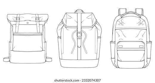 Hand drawn Vector Set of Backpacks. Cartoon Casual Backpack, cool backpack sketch . Backpacks Vector illustration. 
