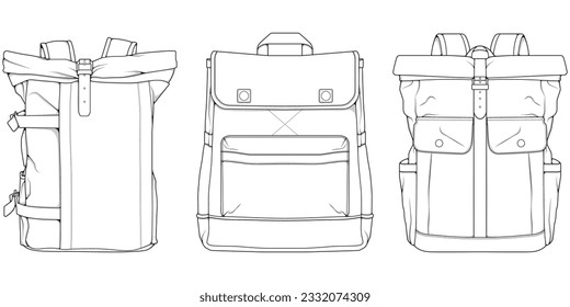 Hand drawn Vector Set of Backpacks. Cartoon Casual Backpack, cool backpack sketch . Backpacks Vector illustration. 
