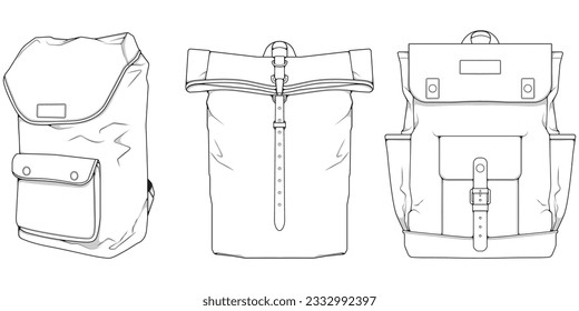 Hand drawn Vector Set of Backpacks. Cartoon Casual Backpack, cool backpack sketch . Backpacks Vector illustration. 
