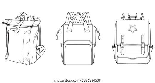 Hand drawn Vector Set of Backpacks. Cartoon Casual Backpack, cool backpack sketch . Backpacks Vector illustration. 
