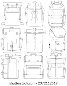 Hand drawn Vector Set of Backpacks. Cartoon Casual Backpack, cool backpack sketch . Backpacks Vector illustration. 
