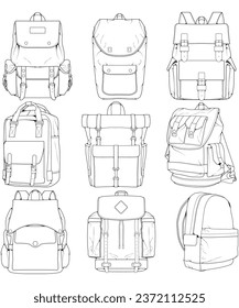 Hand drawn Vector Set of Backpacks. Cartoon Casual Backpack, cool backpack sketch . Backpacks Vector illustration. 
