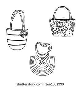  vector dibujado a mano.  Un conjunto de bolsas de diferentes formas.  Esbozo simple, contorno, silueta. Dibujo de Doodle lindo en un blanco. Para el diseño de la lista en la playa, el logo hecho a mano, libro de colorear.