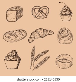 Hand drawn vector set of bakery products