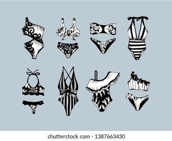 Hand drawn vector set of bikini illustration. Fashion sketch illustration.