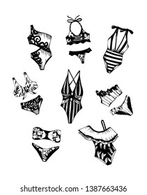 Hand drawn vector set of bikini illustration. Fashion sketch illustration.
