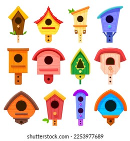 Hand drawn vector set of bird houses in different colors and forms in a cartoon style on a white background.