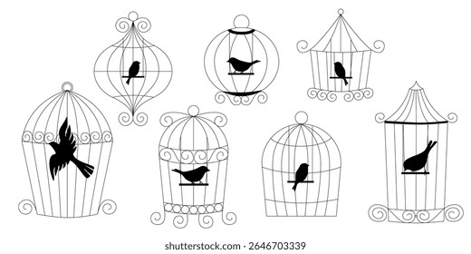 Conjunto vetor desenhado à mão de gaiolas de pássaro no estilo doodle coleção de esboço de gaiola de metal simples para uso doméstico ilustração de arte de linha isolada vintage pet house