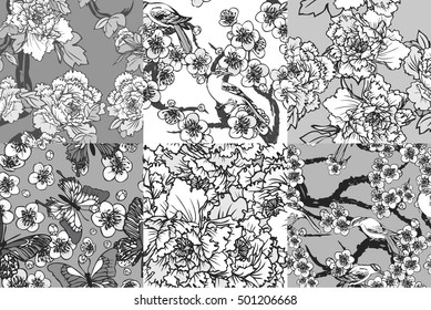 Hand drawn vector set birds and butterflies with potassium and cherry blossoms for background seamless.