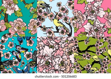 Hand drawn vector set birds and butterflies with potassium and cherry blossoms for background seamless.