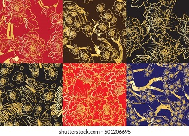 Hand drawn vector set birds and butterflies with potassium and cherry blossoms for background seamless.