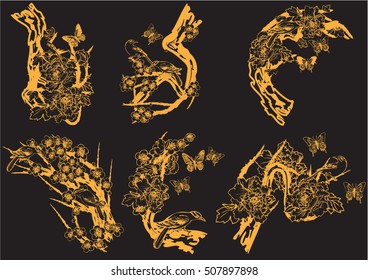Hand drawn vector set birds and butterflies background peonies flower, cherry blossoms.