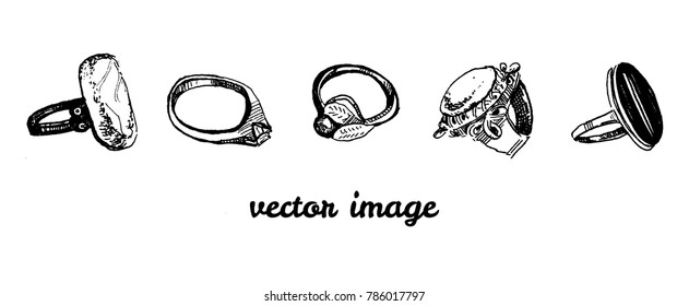 Hand drawn vector set of black and white ink female rings