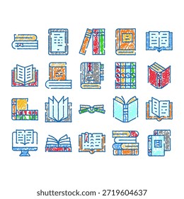Handgezeichnete Vektorgrafik von offenen, geschlossenen, gestapelten Büchern und E-Books, Tablet- und Monitor-Displays im Doodle-Stil als Symbol für Lesen, Bildung, Wissen, Literatur und digitales Lernen