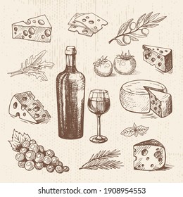 Hand drawn vector set and bottle wine  grapes cheese  olive branch  tomatoes   greens  Vector sketch  organic food illustration