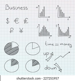 Hand drawn vector set of business planning doodles elements. Isolated on checkered background.