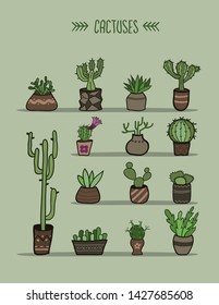 Hand drawn vector set of cacti and succulent plants  in pots. 