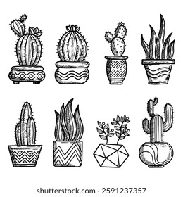 Hand drawn vector set of cactus and decorative plants with pots