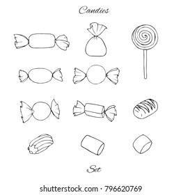Hand drawn vector set with candies, marshmallows, caramel and lollipop isolated on the white background. Holiday decoration elements.