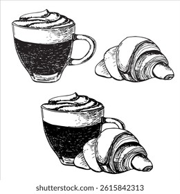 Vetor desenhado à mão com um conjunto de cappuccino com espuma e caramelo coberto em uma caneca de vidro e um croissant. Pode ser usado em tecidos e produtos de papel e outros. Faça qualquer composição você mesmo.	