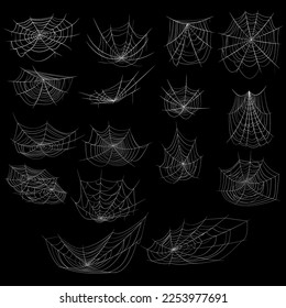 Hand drawn vector set of cartoon cobwebs of various shapes on a black background.