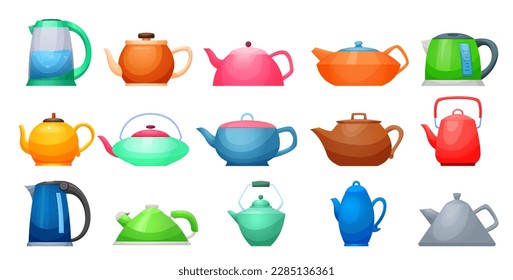 Hand -drawn vector set of cartoon multi -colored teapots of various shapes isolated on a white background.