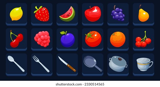 The hand drawn vector set of cartoon icons and symbols for fruits, vegetables and kitchen appliances.